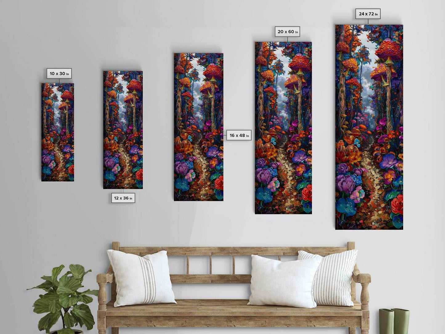 Fantasy Forest Pathway with Giant Mushrooms as Tall Skinny Art Framed Canvas Print for Whimsical Wall Decor in Unique Spaces - 10x30 Inches / Gallery Wrap Canvas - Ready To Hang