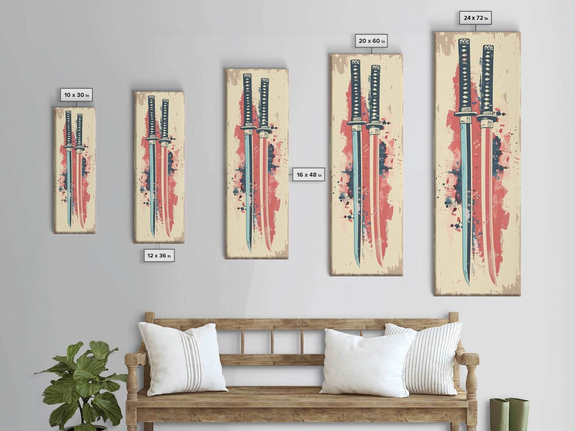 Abstract Samurai Swords Framed Canvas Print Ukiyo-e Art Japanese Style Tall Art Skinny Art Wood Block Print - 10x30 Inches / Gallery Wrap Canvas - Ready To Hang