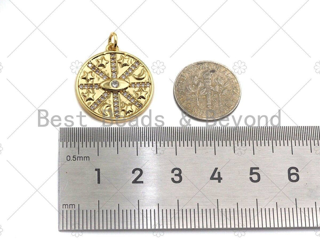 Clear CZ Micro Pave Evil Eye Star On Round Coin Shaped Pendant/Charm, Star Cubic Zirconia Pendant Charm, 20mm,sku#Y334