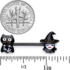 14G 9/16 Black Cat Pretty Witch Halloween Barbell Nipple Ring Set