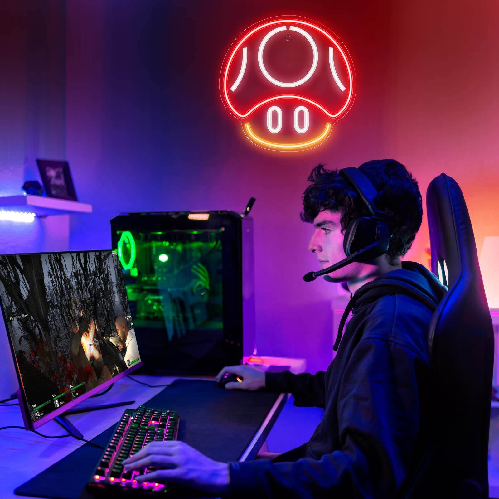 Gaming Neon Sign - LED Neon Light for Game Room Decoration | Teen Gamer Gift - Mushroom1_Green