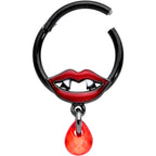 16G 3/8 Red Gem Black Vampire Fang Halloween Hinged Segment Ring