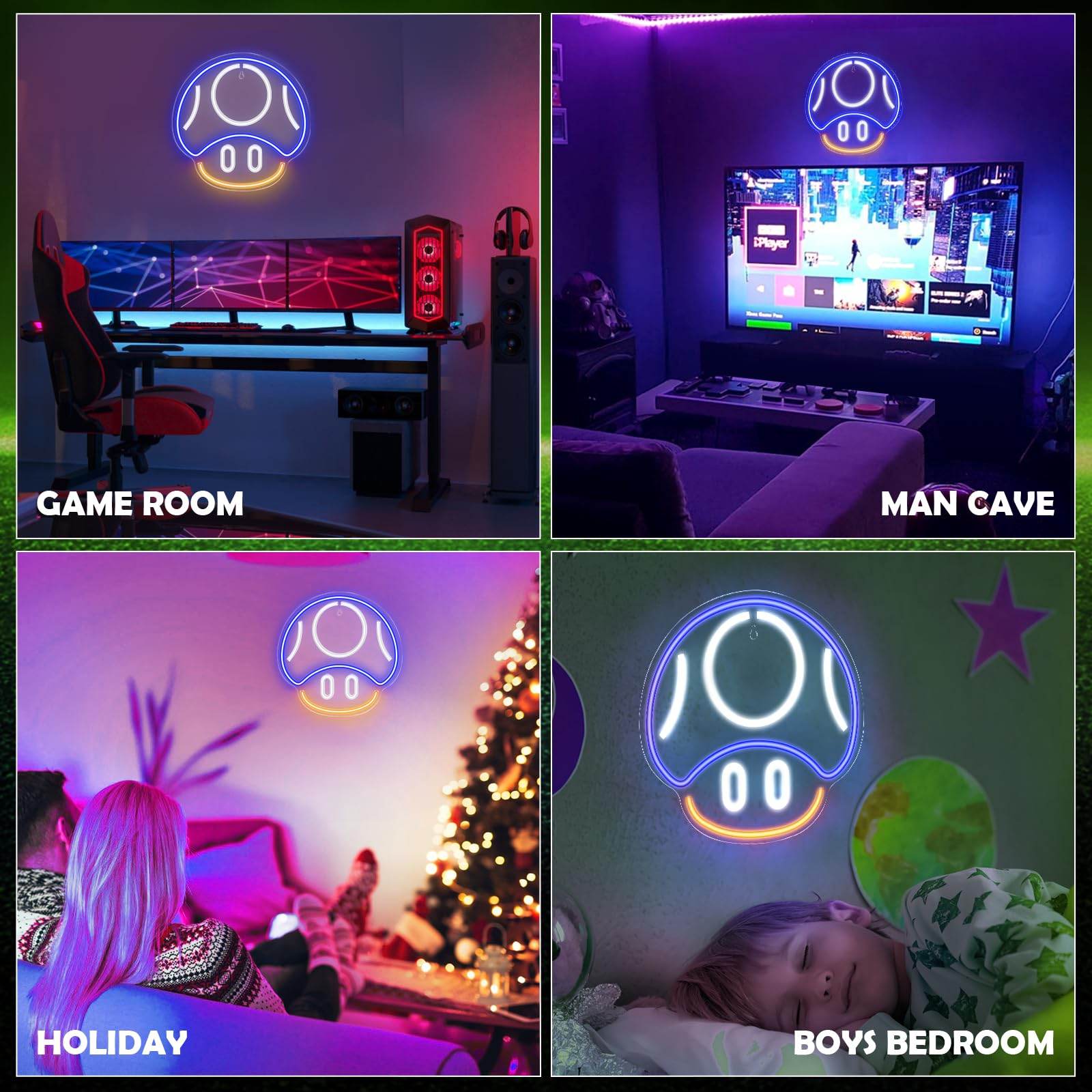 Gaming Neon Sign - LED Neon Light for Game Room Decoration | Teen Gamer Gift - Mushroom1_Green