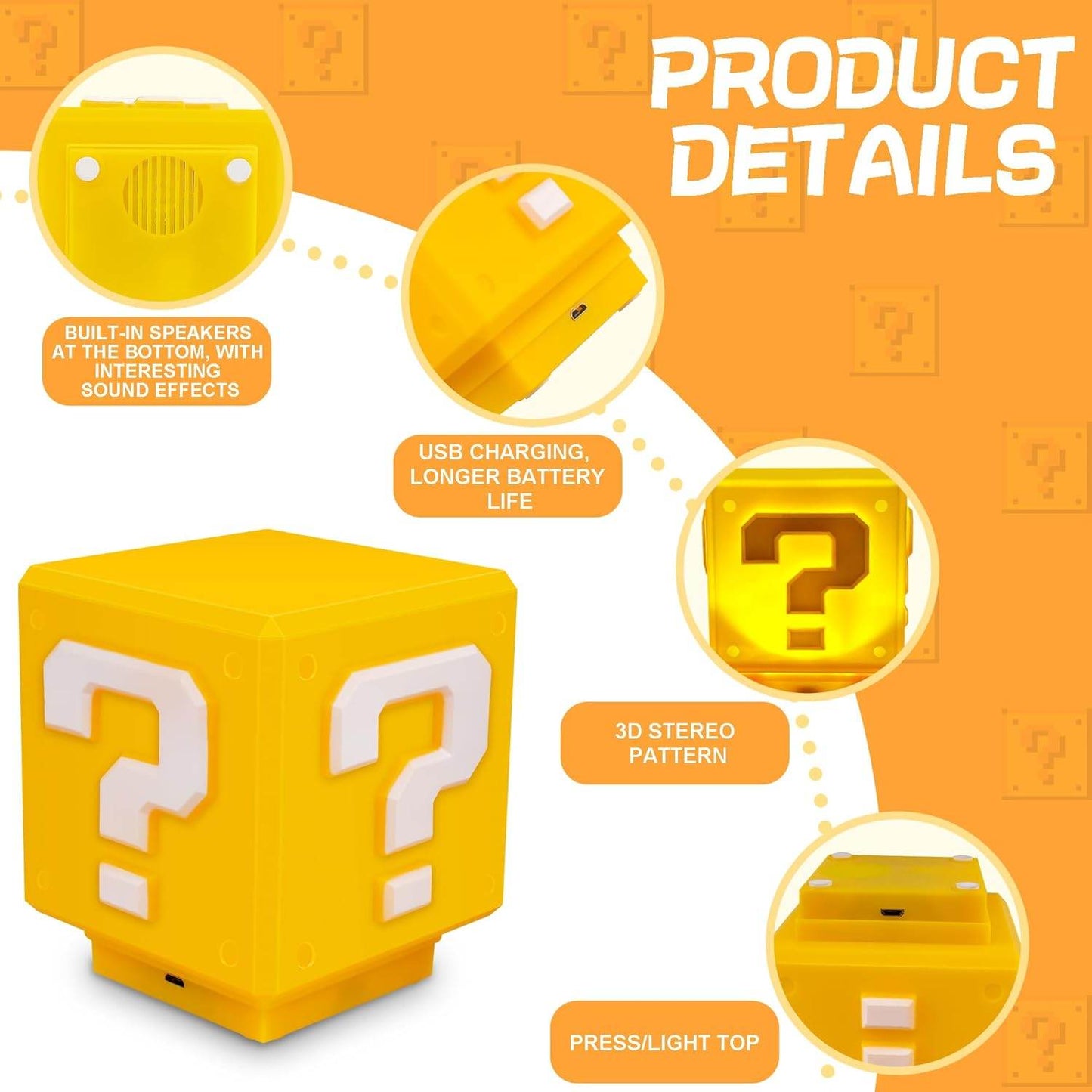 Super Bros Mini Night Light – USB Powered Kids Bedside Lamp with Classic Game Sound - 