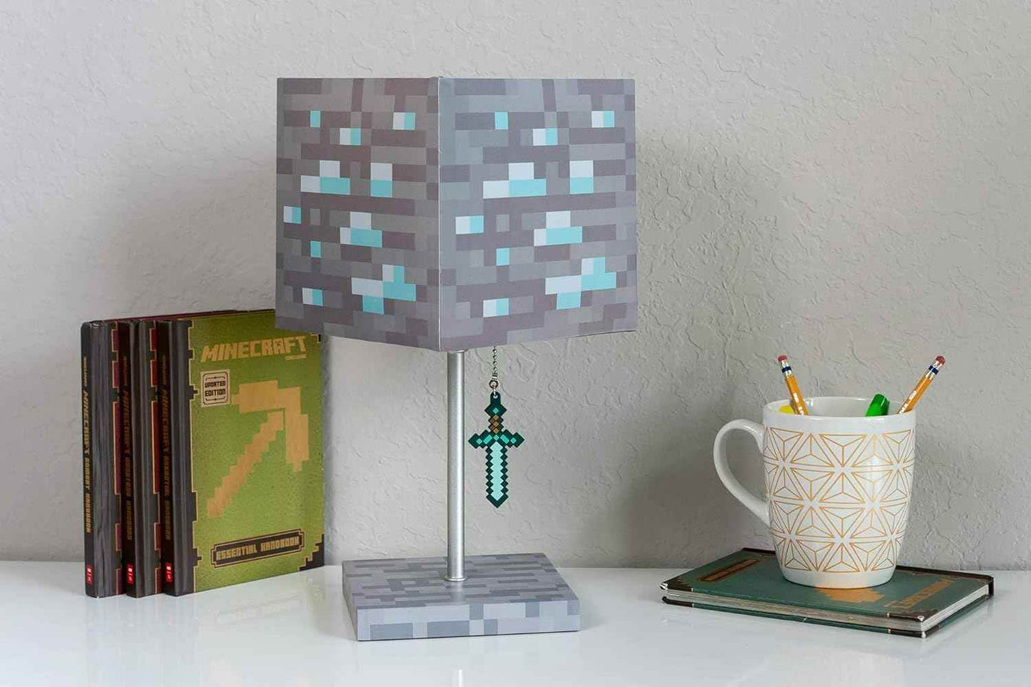 Minecraft Diamond Ore Lamp - 14-Inch LED Table Lamp with Diamond Sword Pull Chain - 