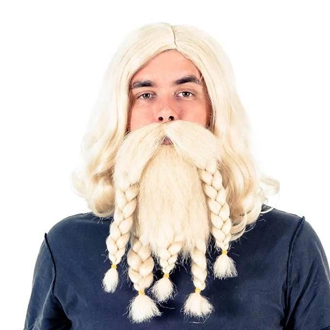 Adult Deluxe Viking Barbarian Norse Halloween Cosplay Costume Wig & Beard Set - 