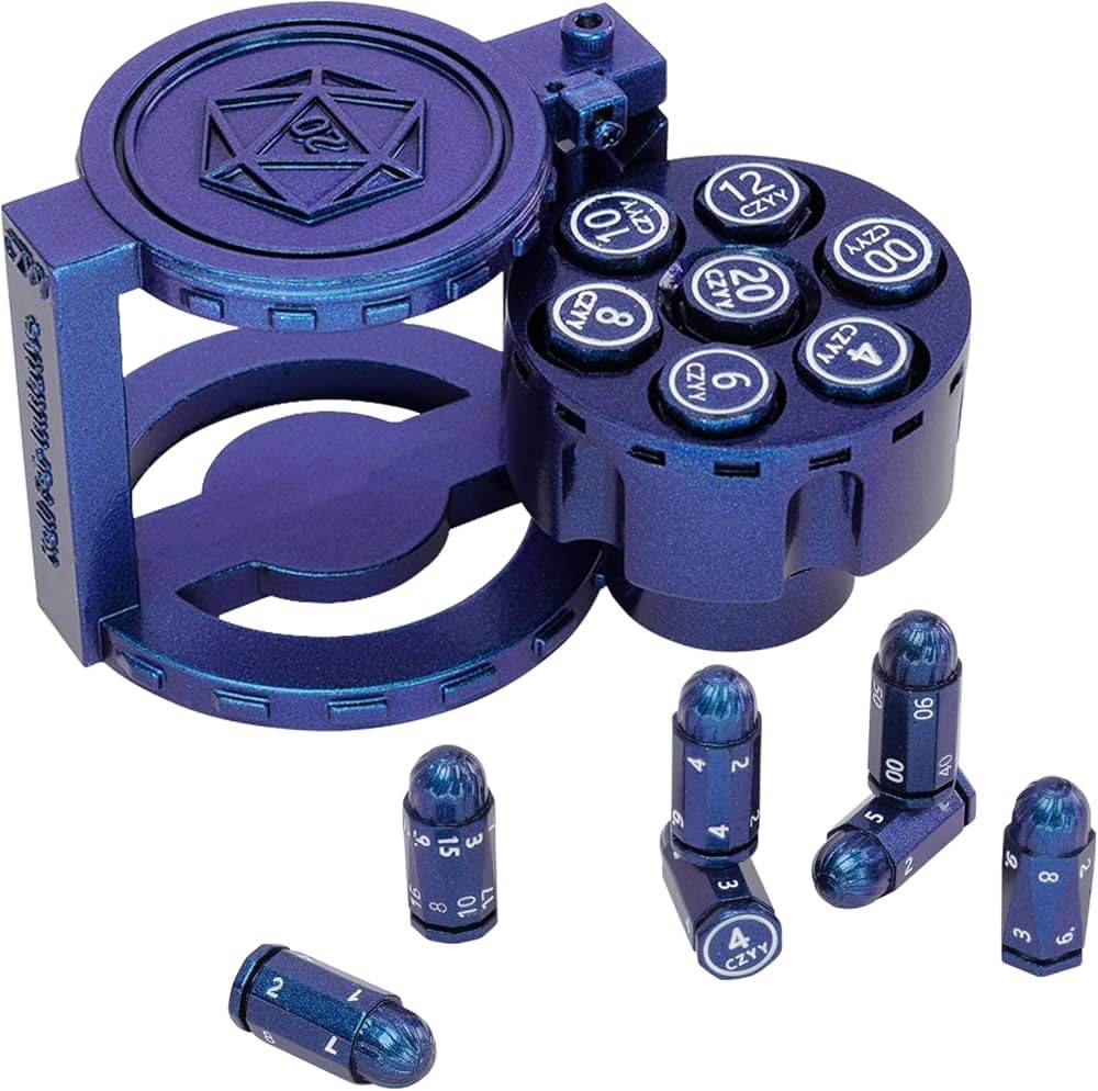 Metal Bullet Dice Set of 7 with Spinning Revolver Cylinder Container - Blue