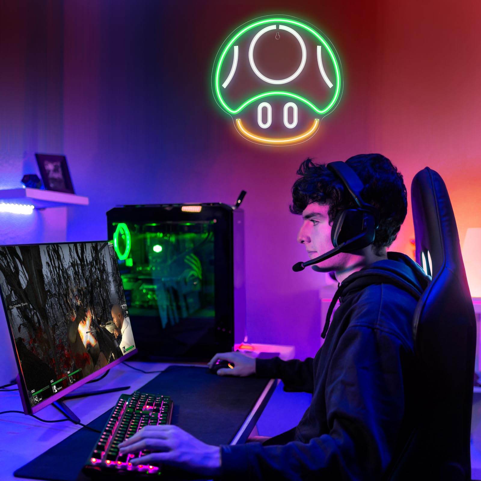 Gaming Neon Sign - LED Neon Light for Game Room Decoration | Teen Gamer Gift - Mushroom1_Green