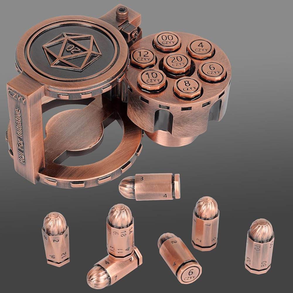 Metal Bullet Dice Set of 7 with Spinning Revolver Cylinder Container - Copper