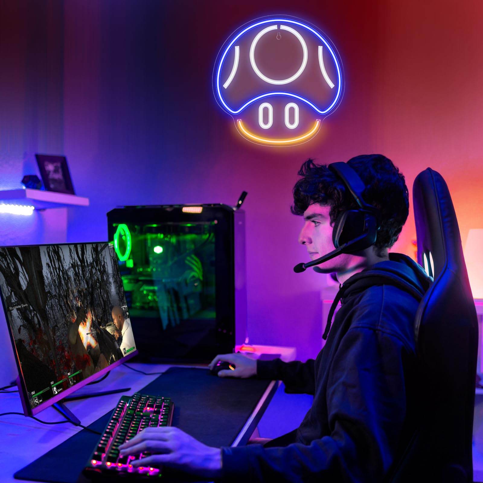 Gaming Neon Sign - LED Neon Light for Game Room Decoration | Teen Gamer Gift - Mushroom1_Green