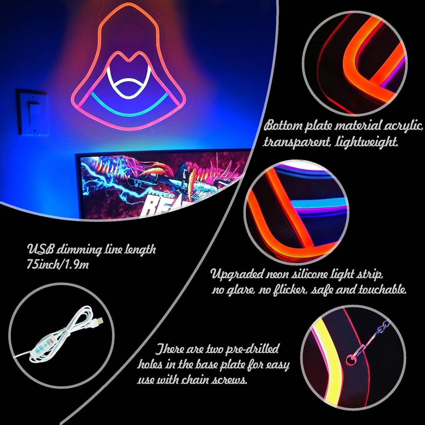 Assassin Neon Sign - Dimmable USB Powered Neon Wall Decor for Game Room & Bedroom - 