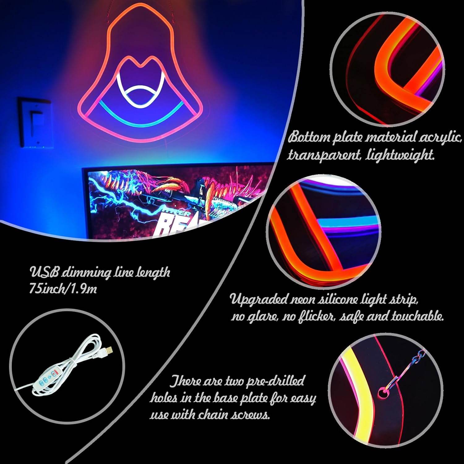 Assassin Neon Sign - Dimmable USB Powered Neon Wall Decor for Game Room & Bedroom - 