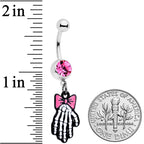 Pink Gem Skeleton Hand Bow Halloween Dangle Belly Ring