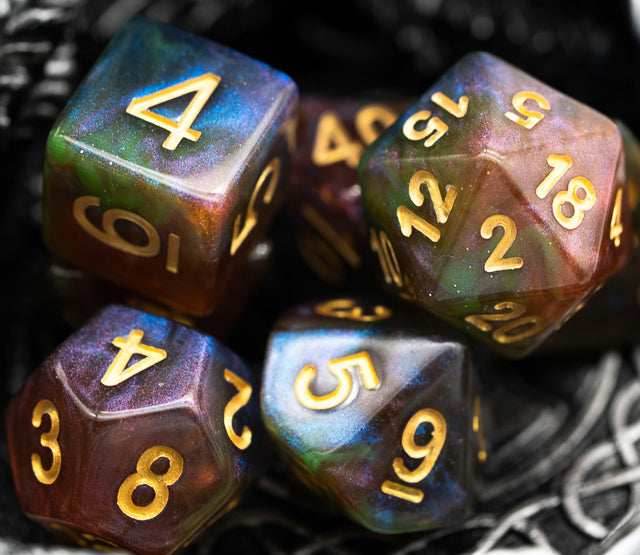 Purple & Green w/gold Galaxy Glitter 7-Dice Set RPG - 