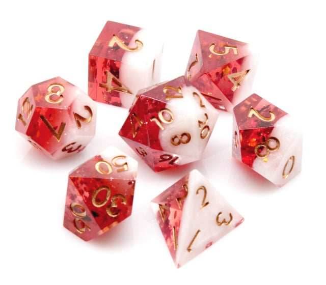Translucent Red on Opaque White w/Foil Flakes 7-Dice Set Resin Sharp Edge RPG DND - 