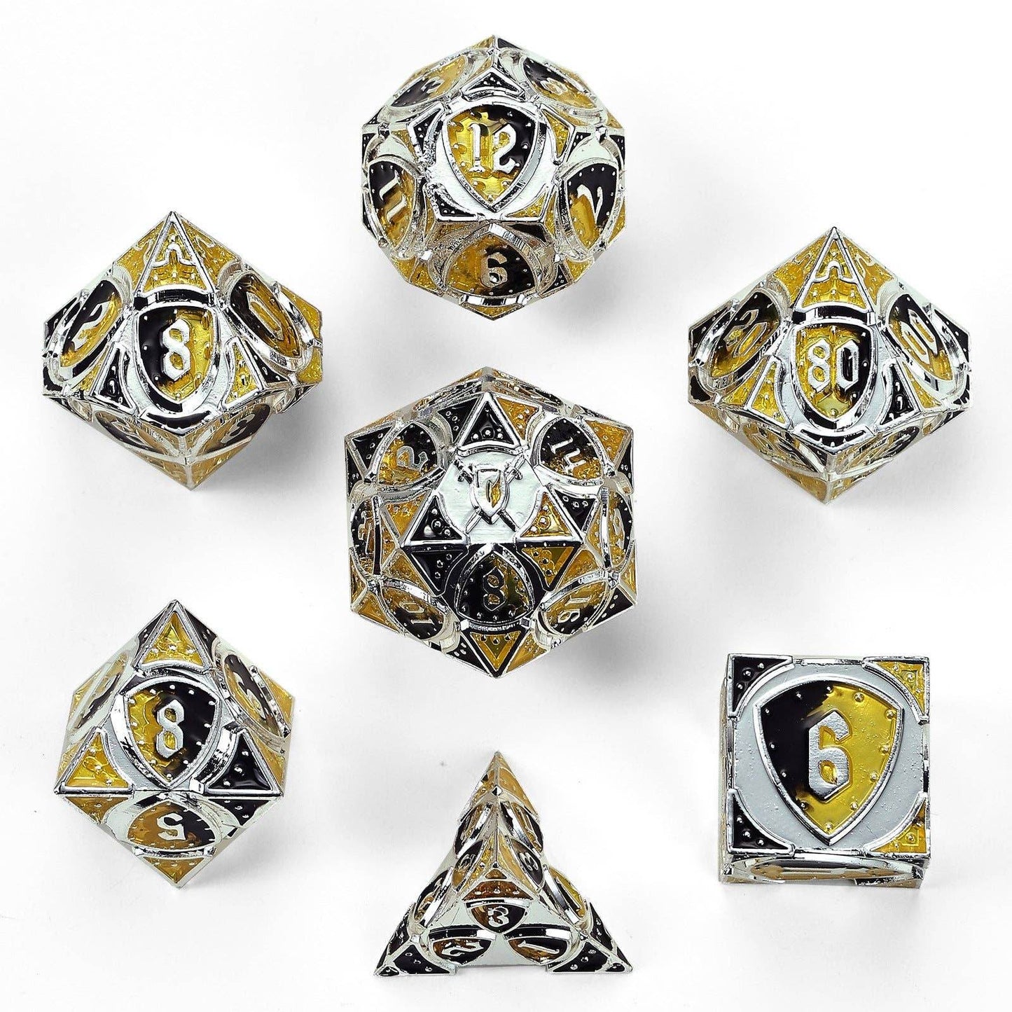 Solid Metal Fighter Class RPG Dice Set - Silver/Yellow/Black - 