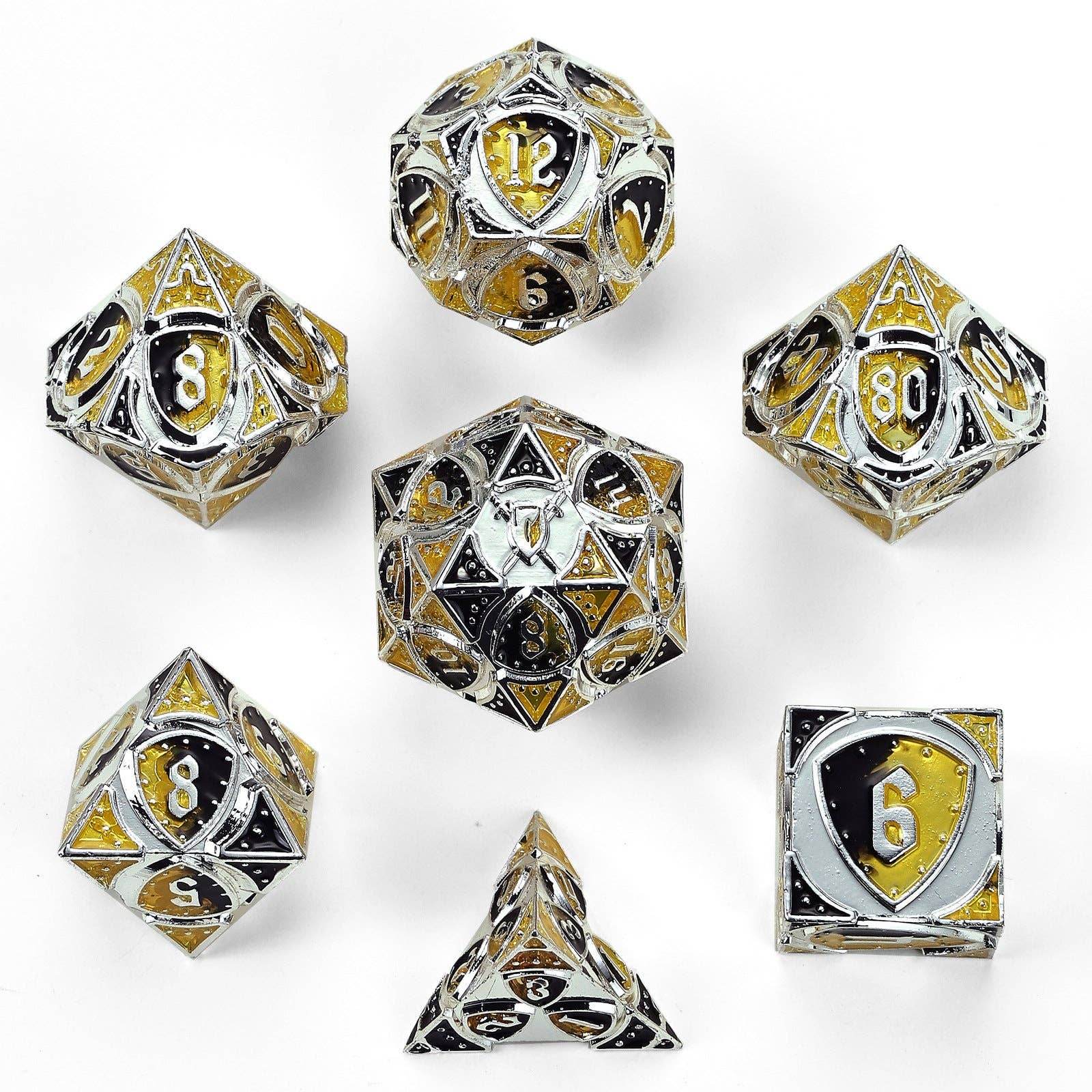 Solid Metal Fighter Class RPG Dice Set - Silver/Yellow/Black - 