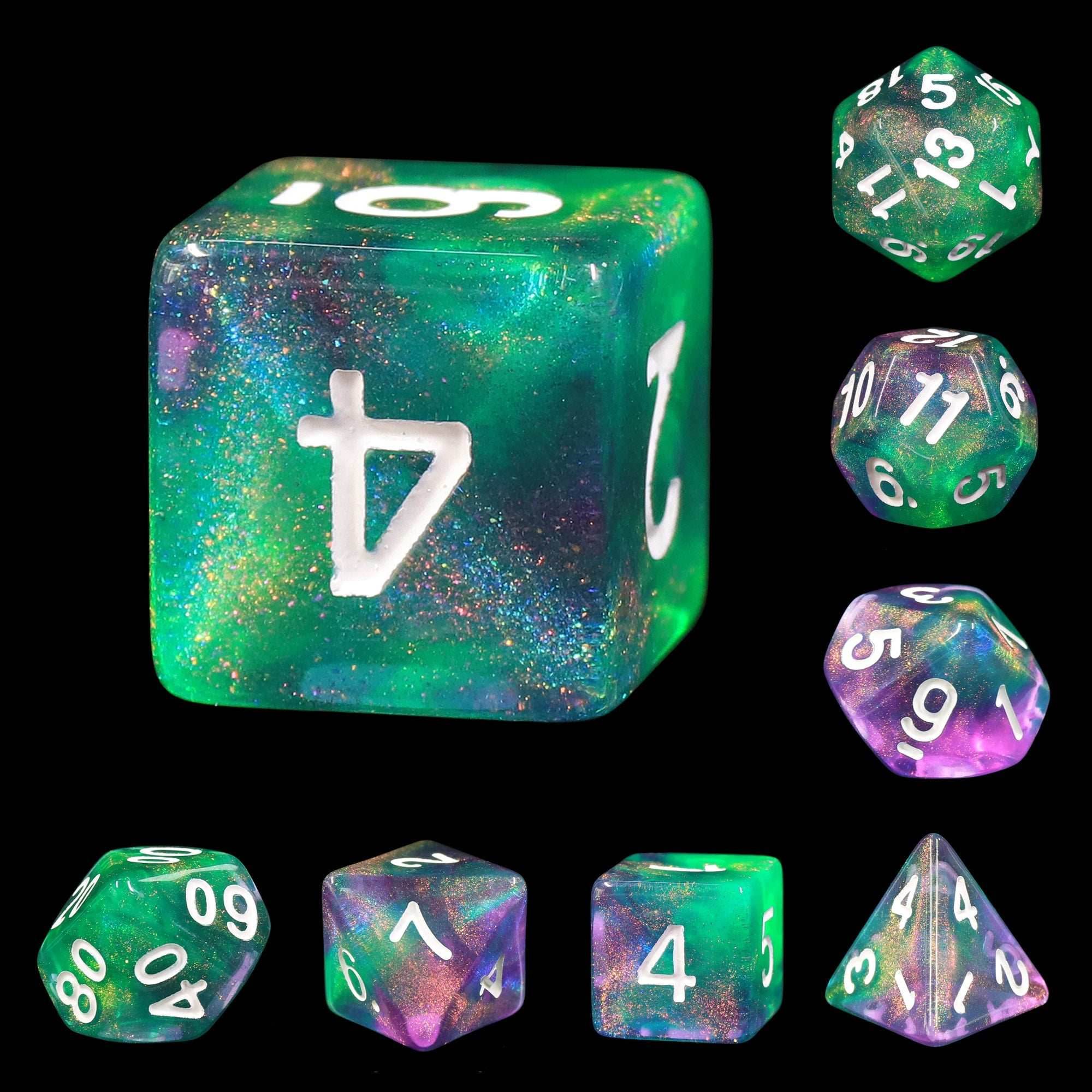 Potions Portion Green/Purple Glitter 7-Dice Set by HendgaDice - 