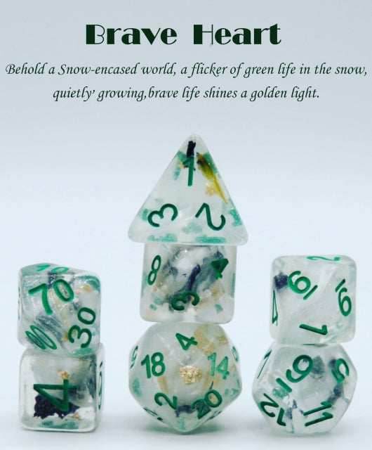 Brave Heart Dice Clear Dice w/ Flowers Foil Green 7-Dice Set Rpg - 