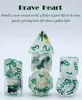 Brave Heart Dice Clear Dice w/ Flowers Foil Green 7-Dice Set Rpg - 