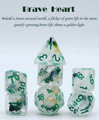 Brave Heart Dice Clear Dice w/ Flowers Foil Green 7-Dice Set Rpg - 