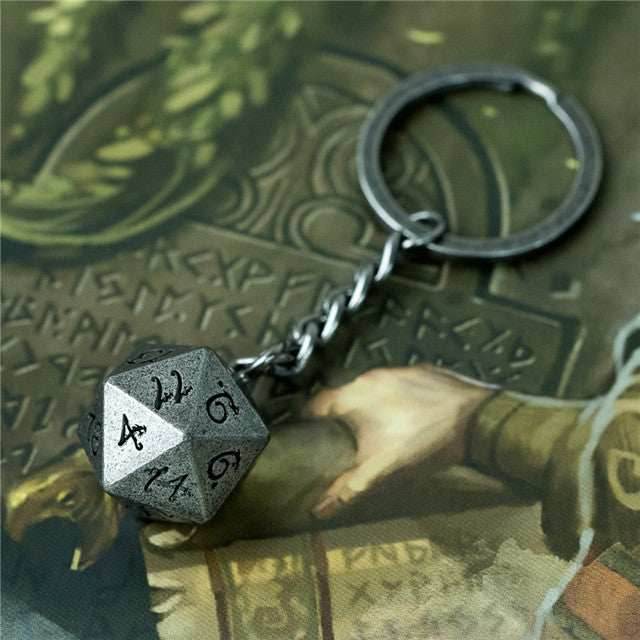 Nickel D20 Keychain Featuring Metal Dragon Font d20 - 