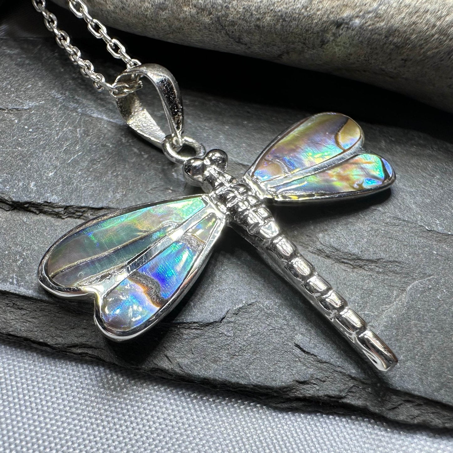 Shimmering Dragonfly Necklace - blue abalone shell