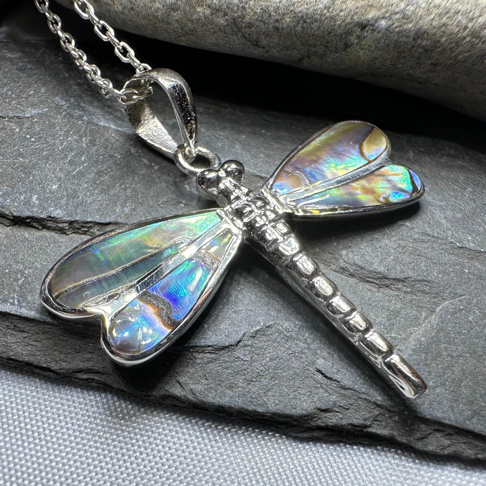 Shimmering Dragonfly Necklace - blue abalone shell