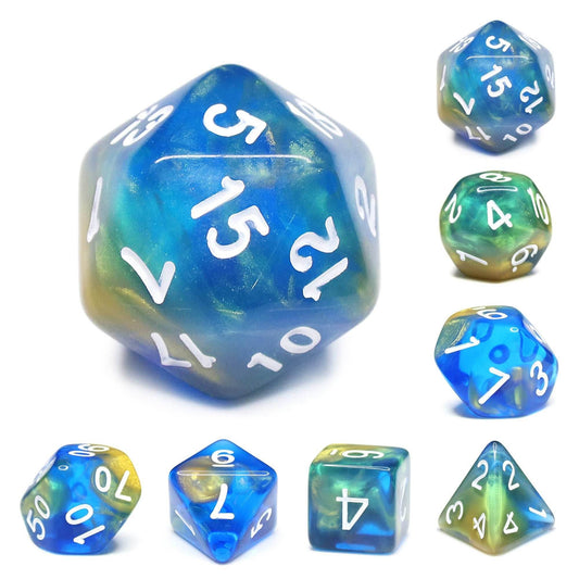 Starry Night Glitter Blue with White Numbering 7-Dice Set RPG - 