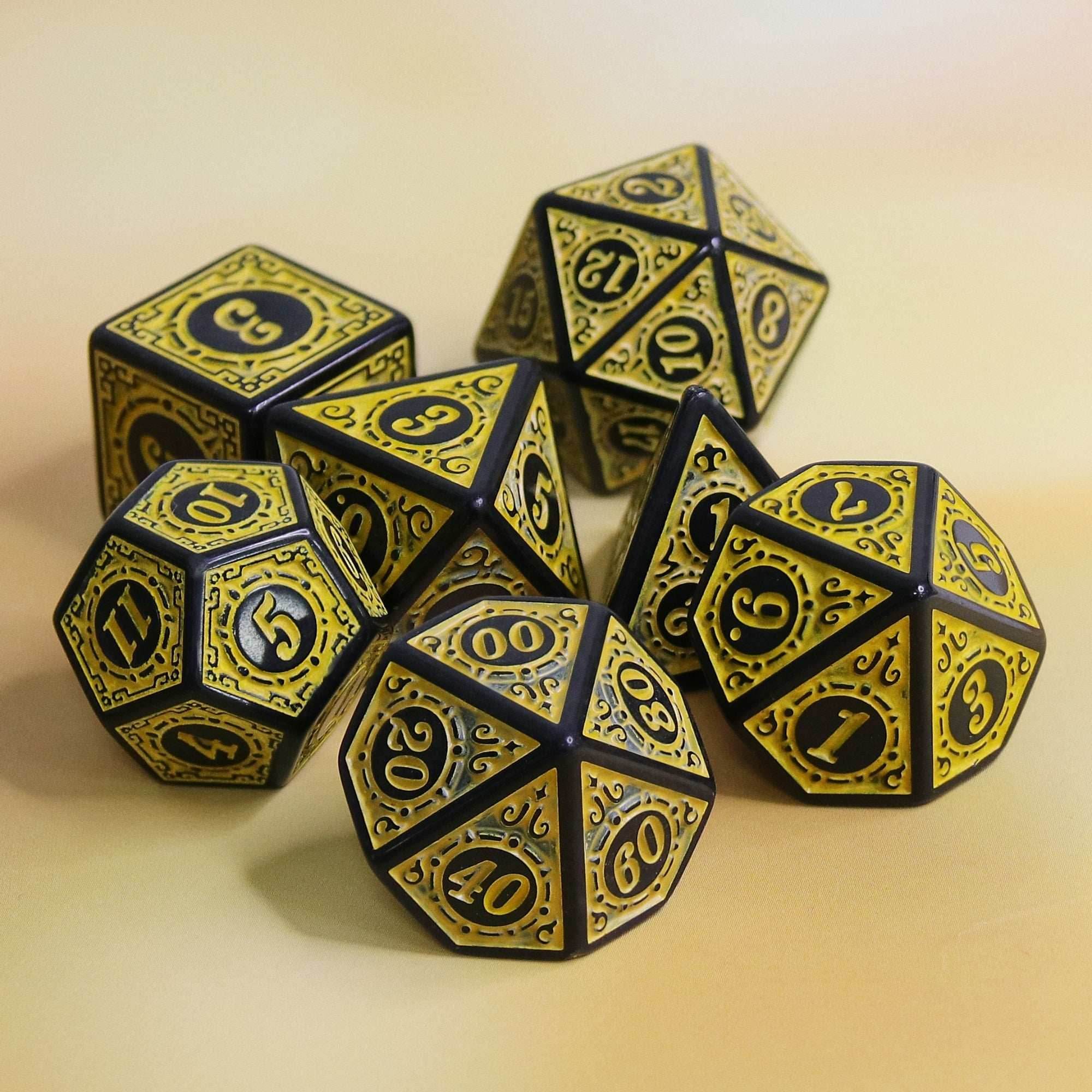 Yellow Magic Flame 7-Dice Set DND RPG Dice Black w/Color Fill - 
