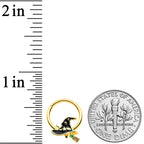 16G 3/8 Gold Tone Witch Hat Broom Halloween Hinged Segment Ring