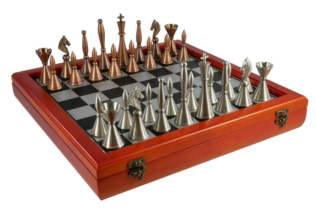 Chess Set - Brass Art Deco with Cherry Stained Chest - 