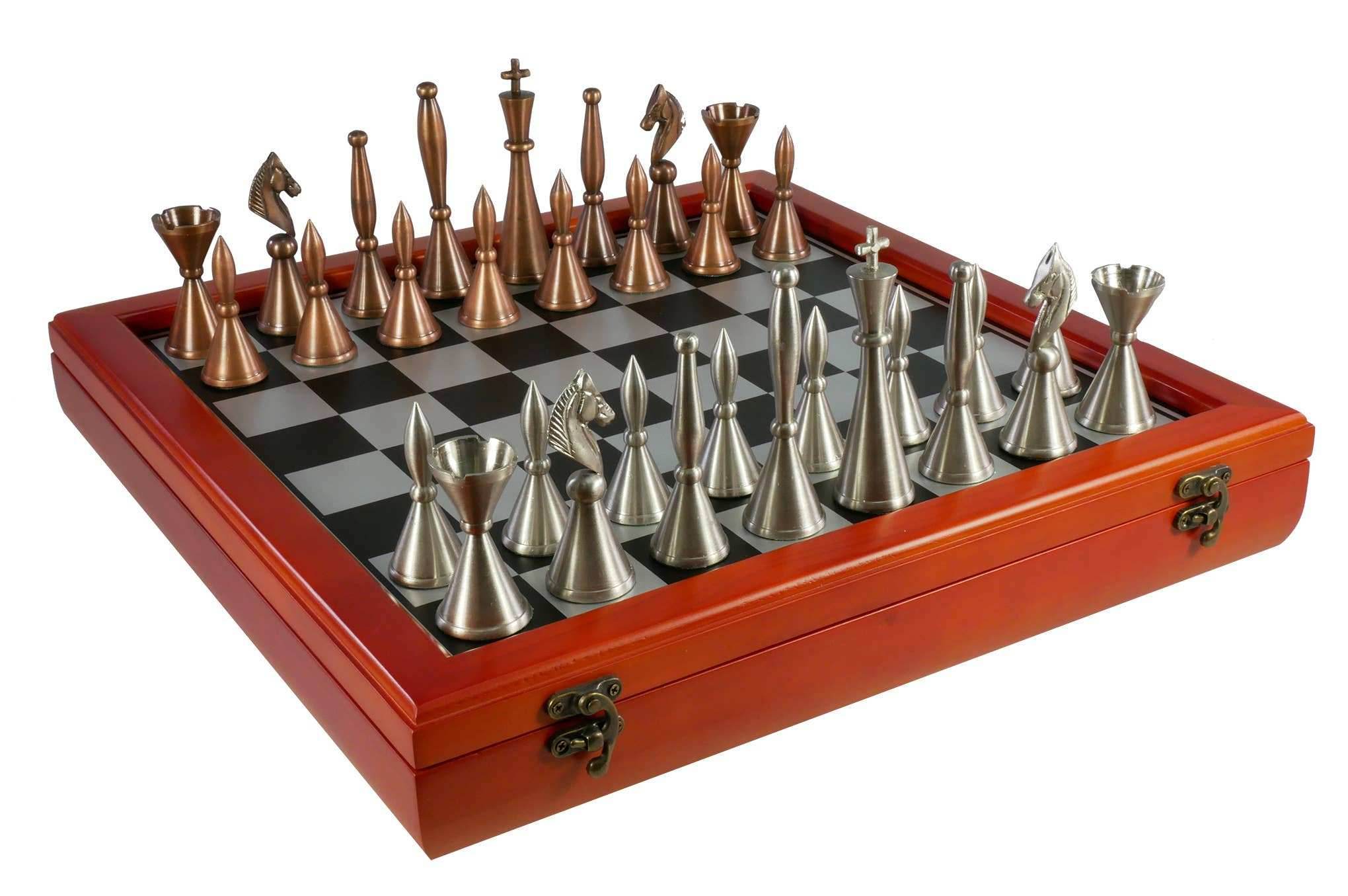 Chess Set - Brass Art Deco with Cherry Stained Chest - 