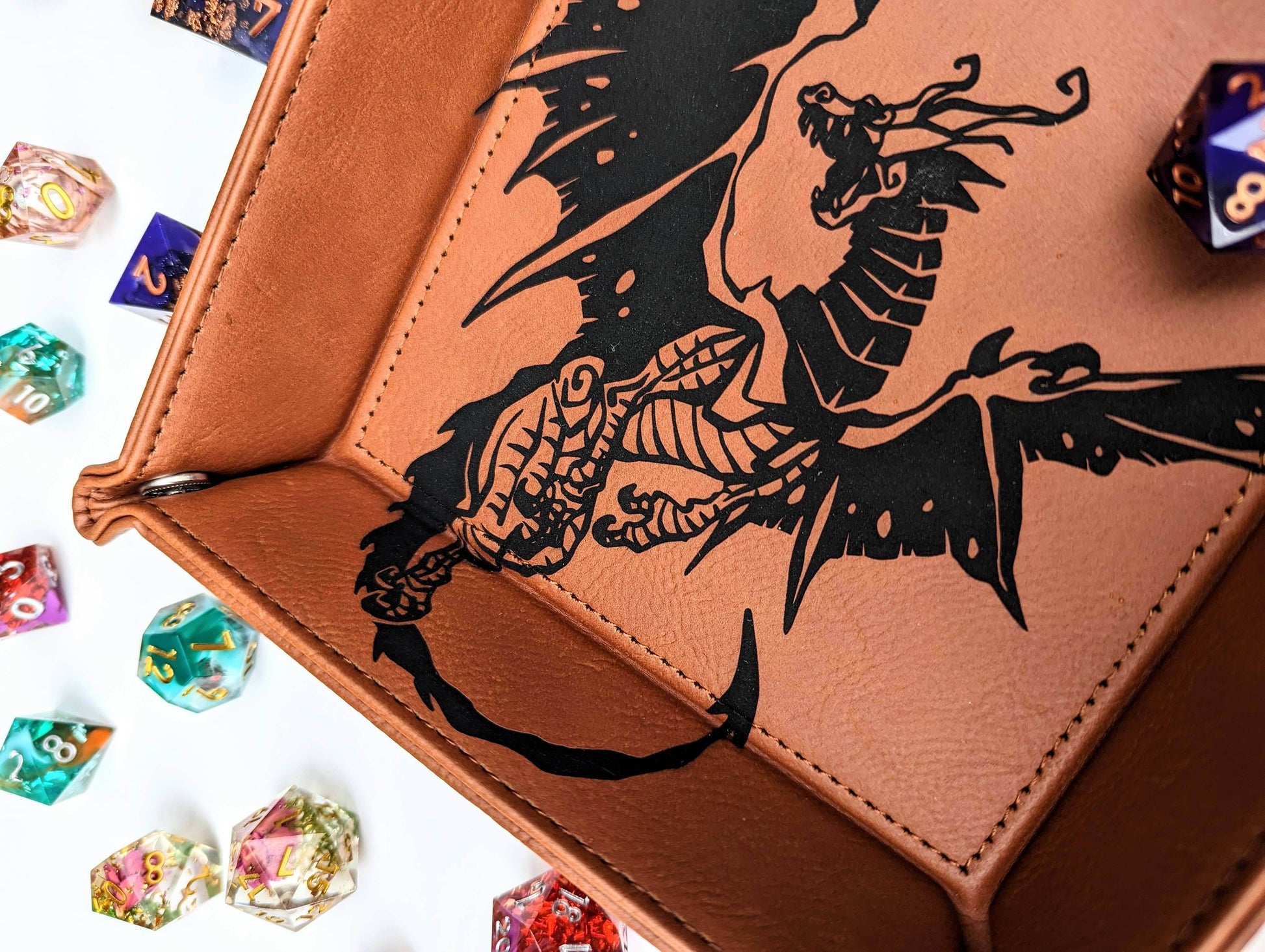 Spawn of Tiamat - D&D Vegan Leather Dice Rolling Tray - Chestnut