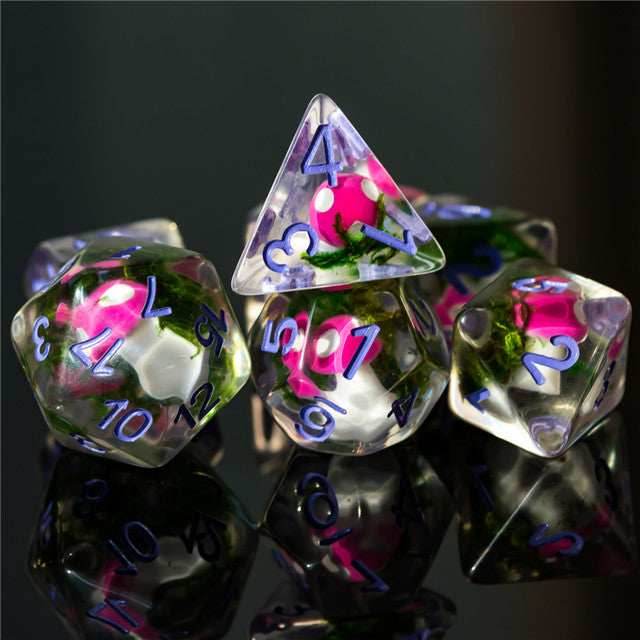 Pink Mushroom Dice Clear Green Vine w/Lavender Numbers 7-Dice Set Rpg - 