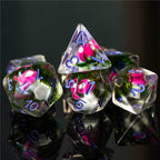 Pink Mushroom Dice Clear Green Vine w/Lavender Numbers 7-Dice Set Rpg - 