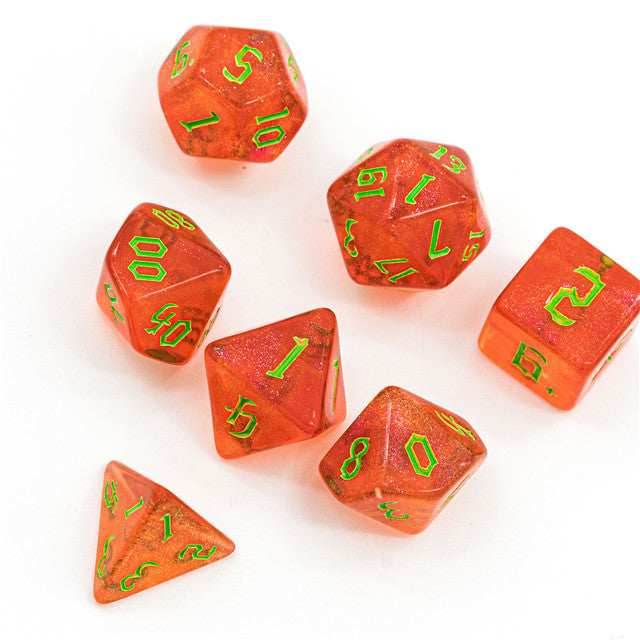 Strawberry Red Glitter Party Glitter Dice (Green font) 7-Dice Set RPG DND - 