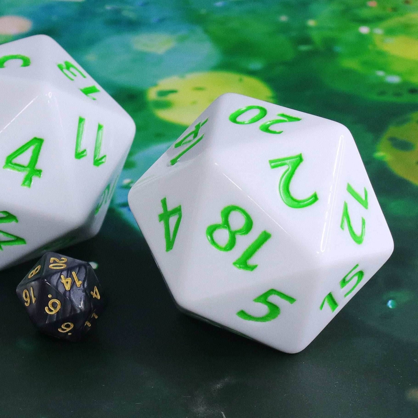 55mm Titan d20 (White with Green) Huge d20 for DND RPG - 