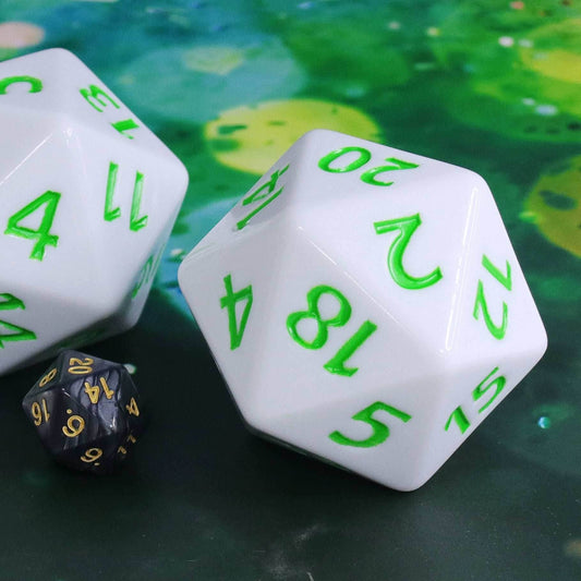 55mm Titan d20 (White with Green) Huge d20 for DND RPG - 