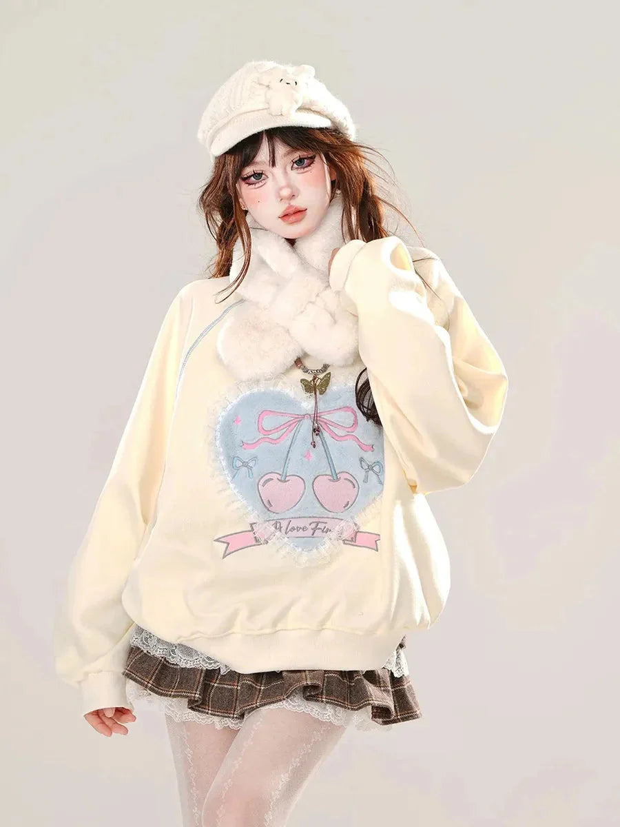 'Agashi' Cherry Ribbon Coquette Sweet Hoodie Sweatshirt