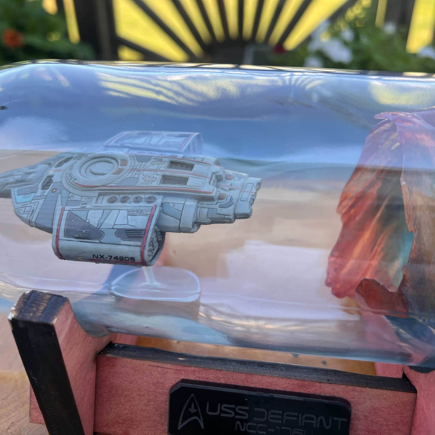 Star Trek USS Defiant and Wormhole in a Bottle - With Stand