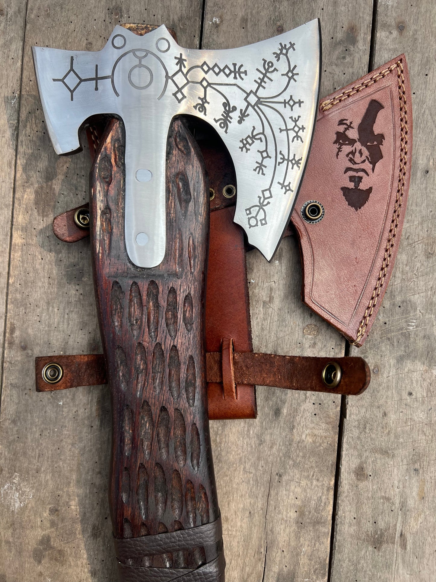 Hand Engraved Viking Double-Bit Axe with Carved Hardwood Handle and Norse Rune Detailing | Handmade Damascus Steel Collector Axe | JW SteelCrafts