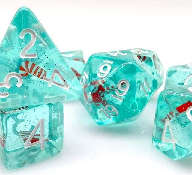 Translucent Teal w/Red & White Stocking Inclusion 7-Dice Set RPG DND - 