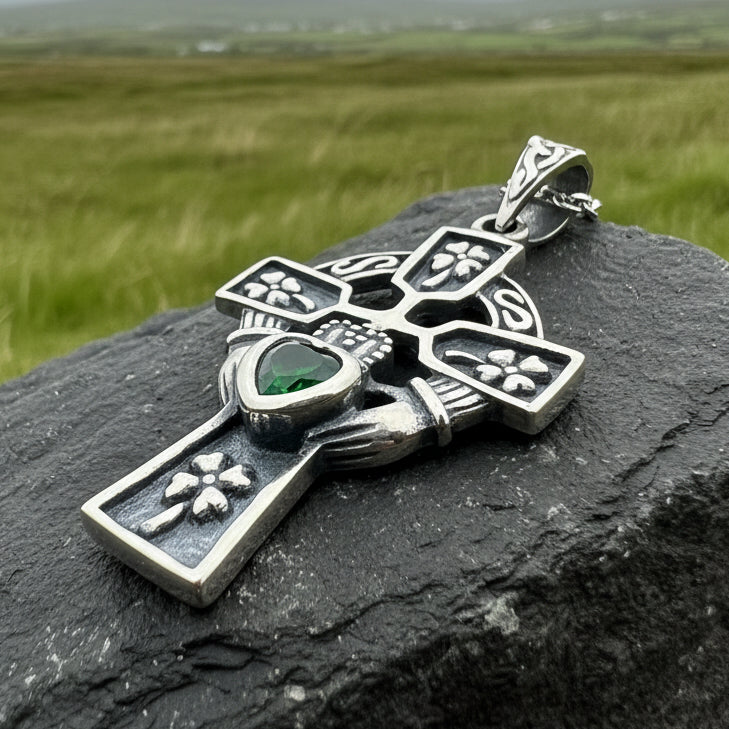 Irish Love Shamrock Claddagh Cross Necklace