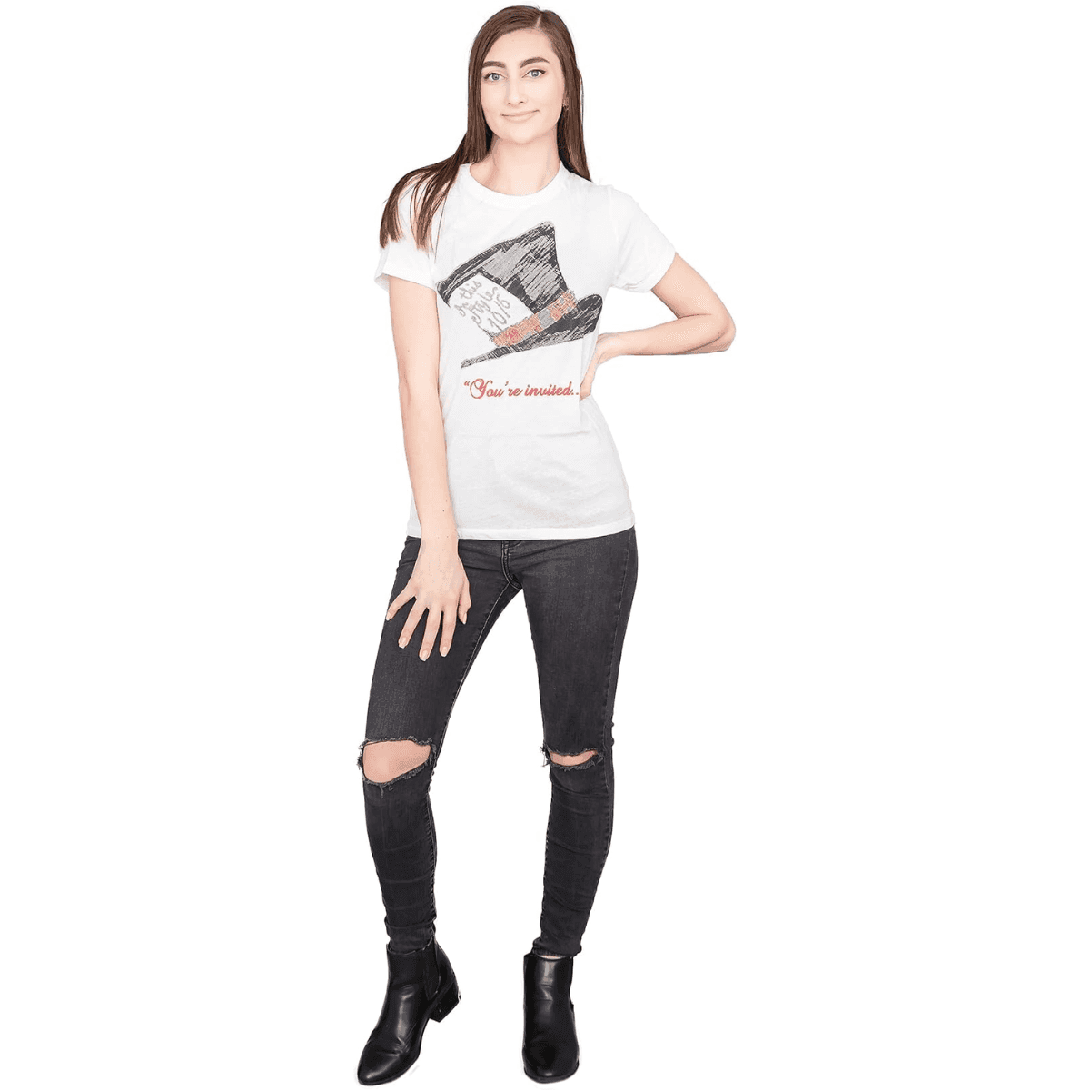 Alice in Wonderland Mad Hatter Hat You're Invited Juniors White T-Shirt Tee - S