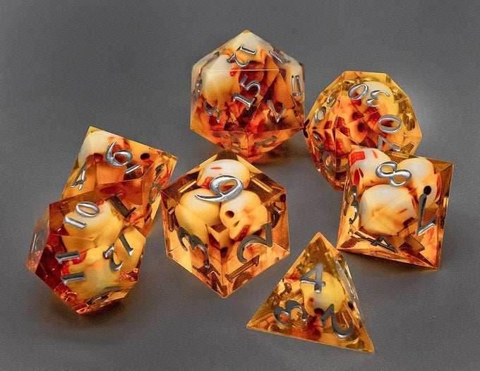 Orange Sunken Skull Inclusion 7-Dice Set Resin Sharp Edge RPG DND - 7-Dice