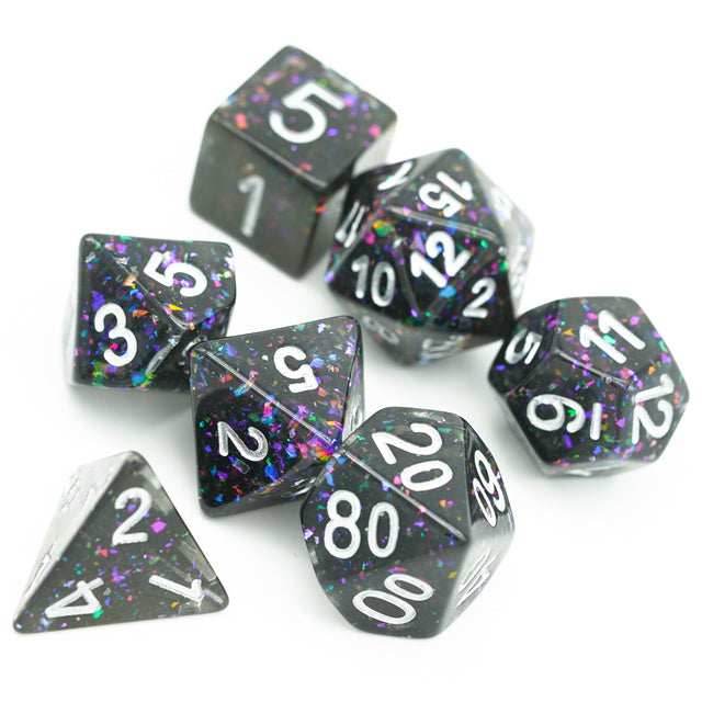 Black Cloud Brocade Powder 7-Dice Dnd Dice | Glitter w/Silver Numbers Set - 