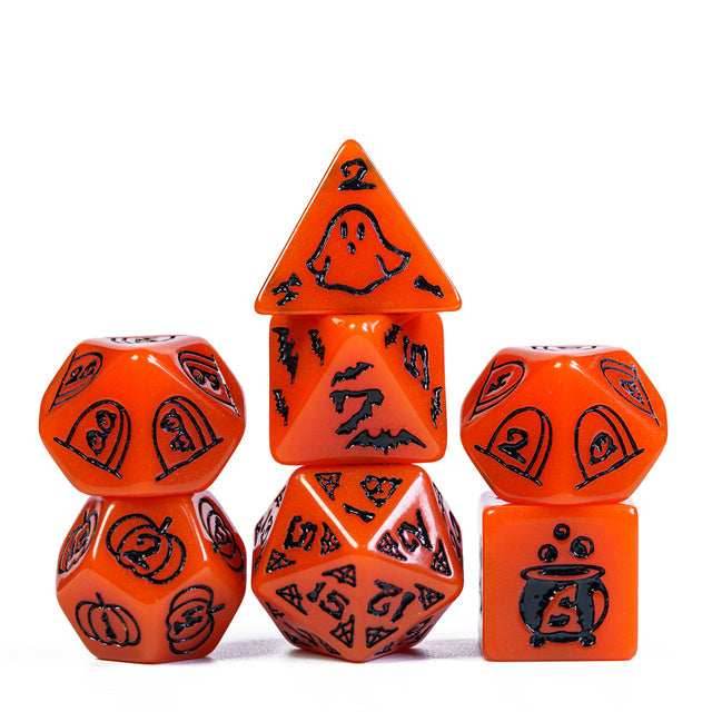 Halloween Orange w/Black | Pumpkin/Ghost/Bat/Cauldron 7-Dice Set DND - 