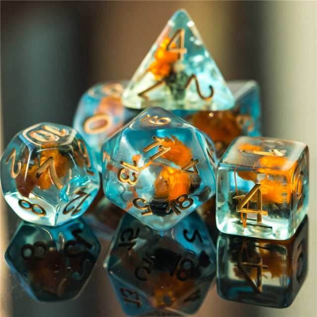 Orange & Grey Flower Dice 7-Dice Set Resin Dungeons and Dragons Dice (Gypsophila / Baby's-Breath) - 