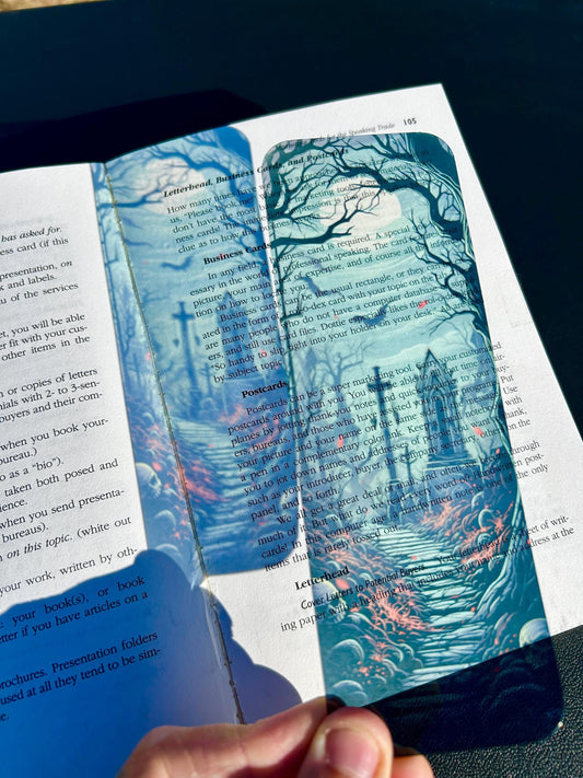 Moonlit Graveyard Bookmark – Gothic Tombstone Path with Bats & Skulls | Spooky Halloween Reader Gift